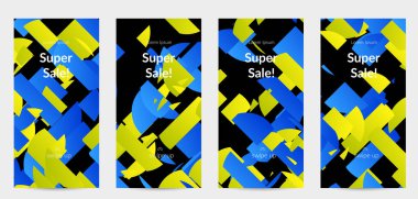 Parlak renkli rastgele çizgileri olan soyut öyküler. Dağılmış geometrik şekilli dinamik modern tasarım. Basit renkli fütürist elementler. Spor müziği sosyal medya düzeni.