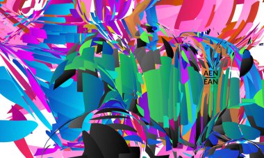 Parlak renkli küçük parçacık patlaması içeren soyut iniş sayfası şablonu. Spor müziği sosyal medya düzeni. Dış uzay hareketli optik sanat dinamik arka planı. Gelecekçi vektör.