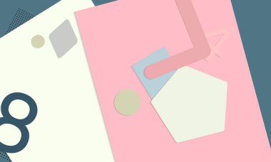 Soyut eğitim geçmişi var. Kağıt kesikli geometrik şekilli öğretmen masasının üst görüntüsü, kağıt kağıtlar. İlkokul sanat ve zanaat dersi. Pastel renkler. Düz konum vektör kağıt biçimi.