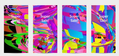 Parlak renkli küçük parçacık patlaması ile soyut sosyal medya şablonu. Spor müziği sosyal medya düzeni. Dış uzay hareketli optik sanat dinamik arka planı. Gelecekçi vektör.