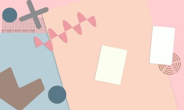 Soyut eğitim geçmişi var. Kağıt kesikli geometrik şekilli öğretmen masasının üst görüntüsü, kağıt kağıtlar. İlkokul sanat ve zanaat dersi. Pastel renkler. Düz konum vektör kağıt biçimi.