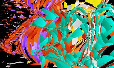 Parlak renkli küçük parçacık patlaması içeren soyut iniş sayfası şablonu. Spor müziği sosyal medya düzeni. Dış uzay hareketli optik sanat dinamik arka planı. Gelecekçi vektör.