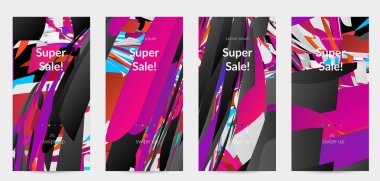 Parlak renkli küçük parçacık patlaması ile soyut sosyal medya şablonu. Spor müziği sosyal medya düzeni. Dış uzay hareketli optik sanat dinamik arka planı. Gelecekçi vektör.