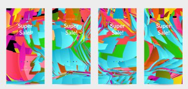 Parlak renkli küçük parçacık patlaması ile soyut sosyal medya şablonu. Spor müziği sosyal medya düzeni. Dış uzay hareketli optik sanat dinamik arka planı. Gelecekçi vektör.