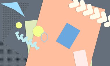 Soyut eğitim geçmişi var. Kağıt kesikli geometrik şekilli öğretmen masasının üst görüntüsü, kağıt kağıtlar. İlkokul sanat ve zanaat dersi. Pastel renkler. Düz konum vektör kağıt biçimi.