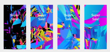 Parlak renkli küçük parçacık patlaması ile soyut sosyal medya şablonu. Spor müziği sosyal medya düzeni. Dış uzay hareketli optik sanat dinamik arka planı. Gelecekçi vektör.