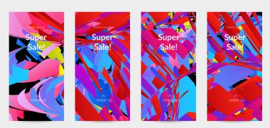 Parlak renkli küçük parçacık patlaması ile soyut sosyal medya şablonu. Spor müziği sosyal medya düzeni. Dış uzay hareketli optik sanat dinamik arka planı. Gelecekçi vektör.