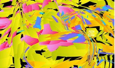 Parlak renkli küçük parçacık patlaması içeren soyut iniş sayfası şablonu. Spor müziği sosyal medya düzeni. Dış uzay hareketli optik sanat dinamik arka planı. Gelecekçi vektör.