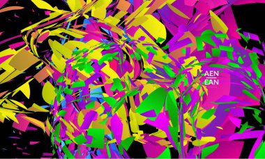 Parlak renkli küçük parçacık patlaması içeren soyut iniş sayfası şablonu. Spor müziği sosyal medya düzeni. Dış uzay hareketli optik sanat dinamik arka planı. Gelecekçi vektör.