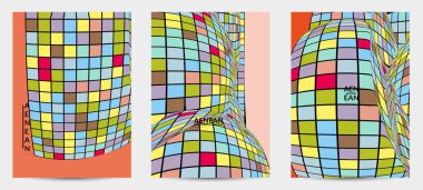 Kare piksel mozaik şekli bozulmuş. Düz retro renklerin üzerine siyah tel çerçeve. Soyut hava balonu vektör arkaplanı.