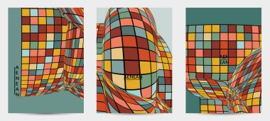 Kare piksel mozaik şekli bozulmuş. Düz retro renklerin üzerine siyah tel çerçeve. Soyut hava balonu vektör arkaplanı.