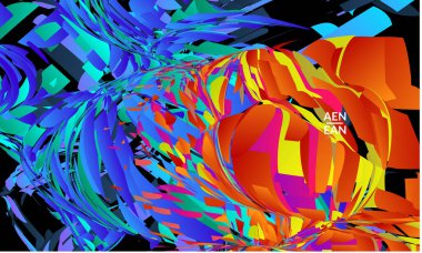 Parlak renkli küçük parçacık patlaması içeren soyut iniş sayfası şablonu. Spor müziği sosyal medya düzeni. Dış uzay hareketli optik sanat dinamik arka planı. Gelecekçi vektör.