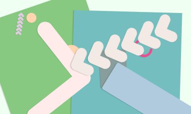 Soyut eğitim geçmişi var. Kağıt kesikli geometrik şekilli öğretmen masasının üst görüntüsü, kağıt kağıtlar. İlkokul sanat ve zanaat dersi. Pastel renkler. Düz konum vektör kağıt biçimi.