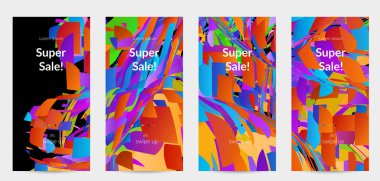 Parlak renkli küçük parçacık patlaması ile soyut sosyal medya şablonu. Spor müziği sosyal medya düzeni. Dış uzay hareketli optik sanat dinamik arka planı. Gelecekçi vektör.