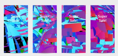 Parlak renkli küçük parçacık patlaması ile soyut sosyal medya şablonu. Spor müziği sosyal medya düzeni. Dış uzay hareketli optik sanat dinamik arka planı. Gelecekçi vektör.