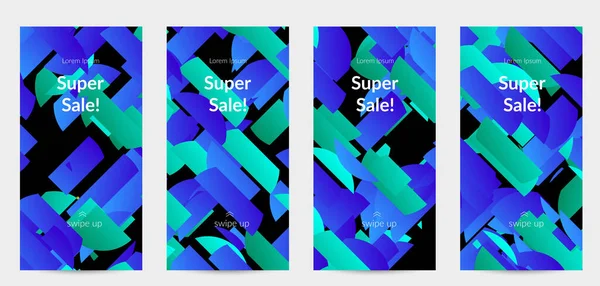 Parlak renkli rastgele çizgileri olan soyut öyküler. Dağılmış geometrik şekilli dinamik modern tasarım. Basit renkli fütürist elementler. Spor müziği sosyal medya düzeni.