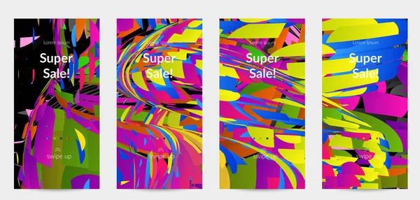 Parlak renkli küçük parçacık patlaması ile soyut sosyal medya şablonu. Spor müziği sosyal medya düzeni. Dış uzay hareketli optik sanat dinamik arka planı. Gelecekçi vektör.