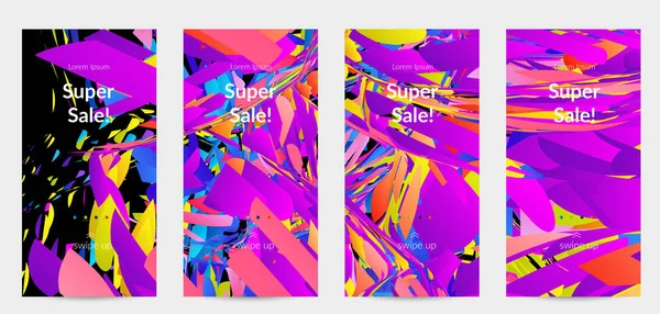 Parlak renkli küçük parçacık patlaması ile soyut sosyal medya şablonu. Spor müziği sosyal medya düzeni. Dış uzay hareketli optik sanat dinamik arka planı. Gelecekçi vektör.