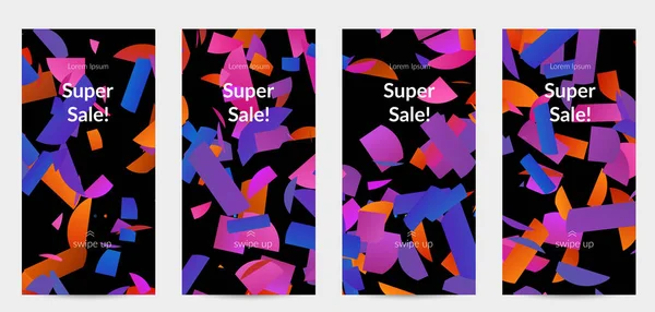 Parlak renkli rastgele çizgileri olan soyut öyküler. Dağılmış geometrik şekilli dinamik modern tasarım. Basit renkli fütürist elementler. Spor müziği sosyal medya düzeni.