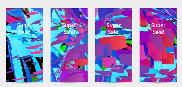 Parlak renkli küçük parçacık patlaması ile soyut sosyal medya şablonu. Spor müziği sosyal medya düzeni. Dış uzay hareketli optik sanat dinamik arka planı. Gelecekçi vektör.