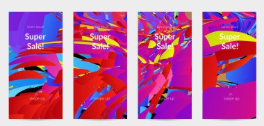 Parlak renkli küçük parçacık patlaması ile soyut sosyal medya şablonu. Spor müziği sosyal medya düzeni. Dış uzay hareketli optik sanat dinamik arka planı. Gelecekçi vektör.