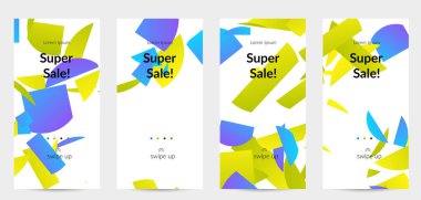 Parlak renkli rastgele çizgileri olan soyut öyküler. Dağılmış geometrik şekilli dinamik modern tasarım. Basit renkli fütürist elementler. Spor müziği sosyal medya düzeni.