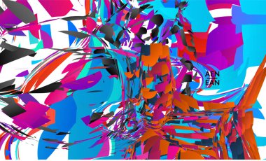 Parlak renkli küçük parçacık patlaması içeren soyut iniş sayfası şablonu. Spor müziği sosyal medya düzeni. Dış uzay hareketli optik sanat dinamik arka planı. Gelecekçi vektör.