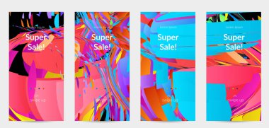 Parlak renkli küçük parçacık patlaması ile soyut sosyal medya şablonu. Spor müziği sosyal medya düzeni. Dış uzay hareketli optik sanat dinamik arka planı. Gelecekçi vektör.