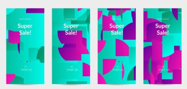 Parlak renkli rastgele çizgileri olan soyut öyküler. Dağılmış geometrik şekilli dinamik modern tasarım. Basit renkli fütürist elementler. Spor müziği sosyal medya düzeni.