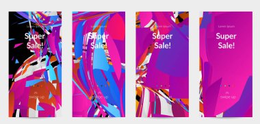 Parlak renkli küçük parçacık patlaması ile soyut sosyal medya şablonu. Spor müziği sosyal medya düzeni. Dış uzay hareketli optik sanat dinamik arka planı. Gelecekçi vektör.