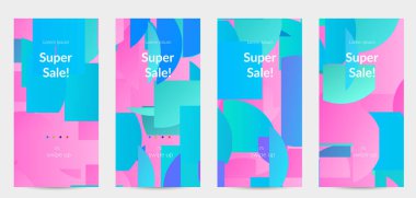 Parlak renkli rastgele çizgileri olan soyut öyküler. Dağılmış geometrik şekilli dinamik modern tasarım. Basit renkli fütürist elementler. Spor müziği sosyal medya düzeni.