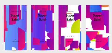 Parlak renkli rastgele çizgileri olan soyut öyküler. Dağılmış geometrik şekilli dinamik modern tasarım. Basit renkli fütürist elementler. Spor müziği sosyal medya düzeni.