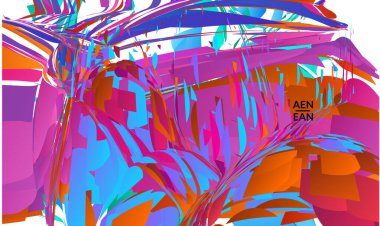 Parlak renkli küçük parçacık patlaması içeren soyut iniş sayfası şablonu. Spor müziği sosyal medya düzeni. Dış uzay hareketli optik sanat dinamik arka planı. Gelecekçi vektör.