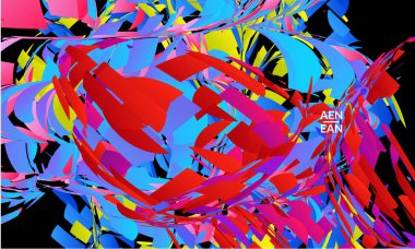 Parlak renkli küçük parçacık patlaması içeren soyut iniş sayfası şablonu. Spor müziği sosyal medya düzeni. Dış uzay hareketli optik sanat dinamik arka planı. Gelecekçi vektör.