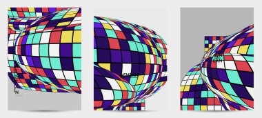 Kare piksel mozaik şekli bozulmuş. Düz retro renklerin üzerine siyah tel çerçeve. Soyut hava balonu vektör arkaplanı.