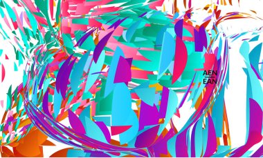 Parlak renkli küçük parçacık patlaması içeren soyut iniş sayfası şablonu. Spor müziği sosyal medya düzeni. Dış uzay hareketli optik sanat dinamik arka planı. Gelecekçi vektör.