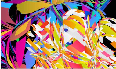 Parlak renkli küçük parçacık patlaması içeren soyut iniş sayfası şablonu. Spor müziği sosyal medya düzeni. Dış uzay hareketli optik sanat dinamik arka planı. Gelecekçi vektör.