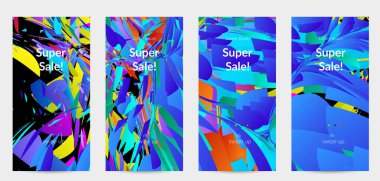 Parlak renkli küçük parçacık patlaması ile soyut sosyal medya şablonu. Spor müziği sosyal medya düzeni. Dış uzay hareketli optik sanat dinamik arka planı. Gelecekçi vektör.