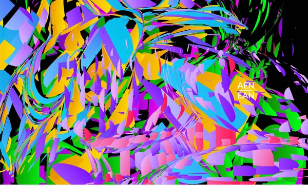 Parlak renkli küçük parçacık patlaması içeren soyut iniş sayfası şablonu. Spor müziği sosyal medya düzeni. Dış uzay hareketli optik sanat dinamik arka planı. Gelecekçi vektör.