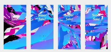 Parlak renkli küçük parçacık patlaması ile soyut sosyal medya şablonu. Spor müziği sosyal medya düzeni. Dış uzay hareketli optik sanat dinamik arka planı. Gelecekçi vektör.