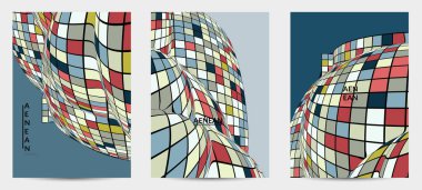 Kare piksel mozaik şekli bozulmuş. Düz retro renklerin üzerine siyah tel çerçeve. Soyut hava balonu vektör arkaplanı.