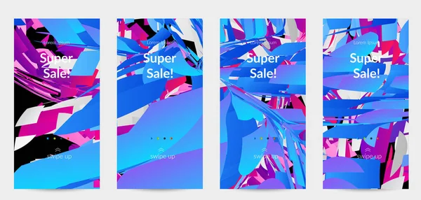 Parlak renkli küçük parçacık patlaması ile soyut sosyal medya şablonu. Spor müziği sosyal medya düzeni. Dış uzay hareketli optik sanat dinamik arka planı. Gelecekçi vektör.