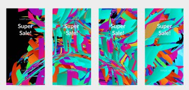 Parlak renkli küçük parçacık patlaması ile soyut sosyal medya şablonu. Spor müziği sosyal medya düzeni. Dış uzay hareketli optik sanat dinamik arka planı. Gelecekçi vektör.