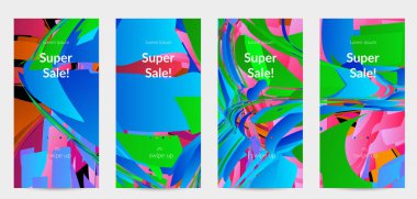 Parlak renkli küçük parçacık patlaması ile soyut sosyal medya şablonu. Spor müziği sosyal medya düzeni. Dış uzay hareketli optik sanat dinamik arka planı. Gelecekçi vektör.