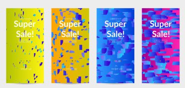 Soyut öyküler, arka planda küçük parlak kağıt parçaları olan şablonlar. Bozuk gradyan çizgileri olan dinamik modern tasarım. Basit renkli fütürist elementler.