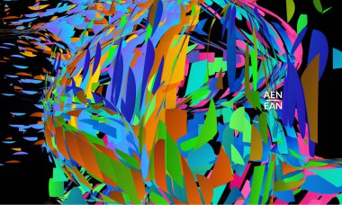 Parlak renkli küçük parçacık patlaması içeren soyut iniş sayfası şablonu. Spor müziği sosyal medya düzeni. Dış uzay hareketli optik sanat dinamik arka planı. Gelecekçi vektör.