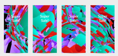 Parlak renkli küçük parçacık patlaması ile soyut sosyal medya şablonu. Spor müziği sosyal medya düzeni. Dış uzay hareketli optik sanat dinamik arka planı. Gelecekçi vektör.