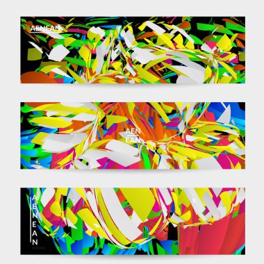 Parlak renkli küçük parçacık patlaması içeren soyut afiş şablonu. Spor müziği sosyal medya düzeni. Dış uzay hareketli optik sanat dinamik arka planı. Gelecekçi vektör.