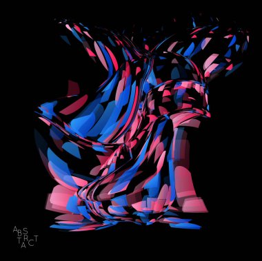 Küçük şeffaf parçacık patlamasından oluşan soyut fütürist şekil. Optik sanat geometrik arka planı ve yüksek hareket hızı. Siyaha izole edilmiş gelecekçi vektör illüstrasyonu