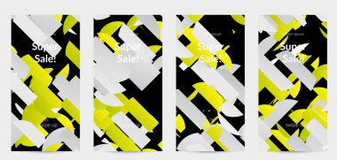 Parlak renkli rastgele çizgileri olan soyut öyküler. Dağılmış geometrik şekilli dinamik modern tasarım. Basit renkli fütürist elementler. Spor müziği sosyal medya düzeni.